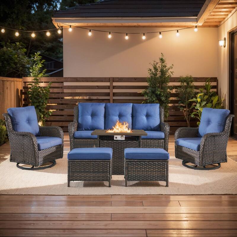 Pocassy Fire Pit Table with 3-Seat Sofa and 2 Swivel Chairs Ottomans - Brown - Blue