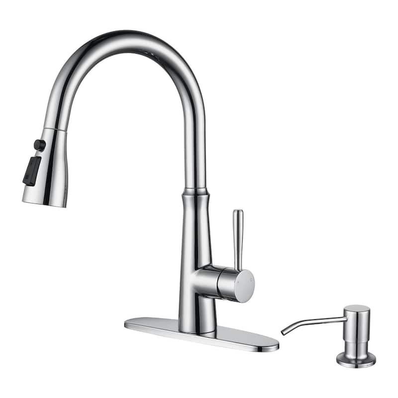 WOWOW Single Handle 3-Mode Pull Out Sprayer Kitchen Faucet - With Soap Dispenser - Polished Chrome