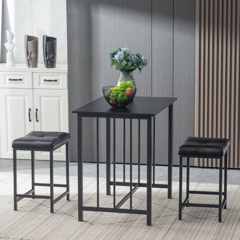 Modern Rectangle Small Dining Set with 2 Stools Black (Set of 3)