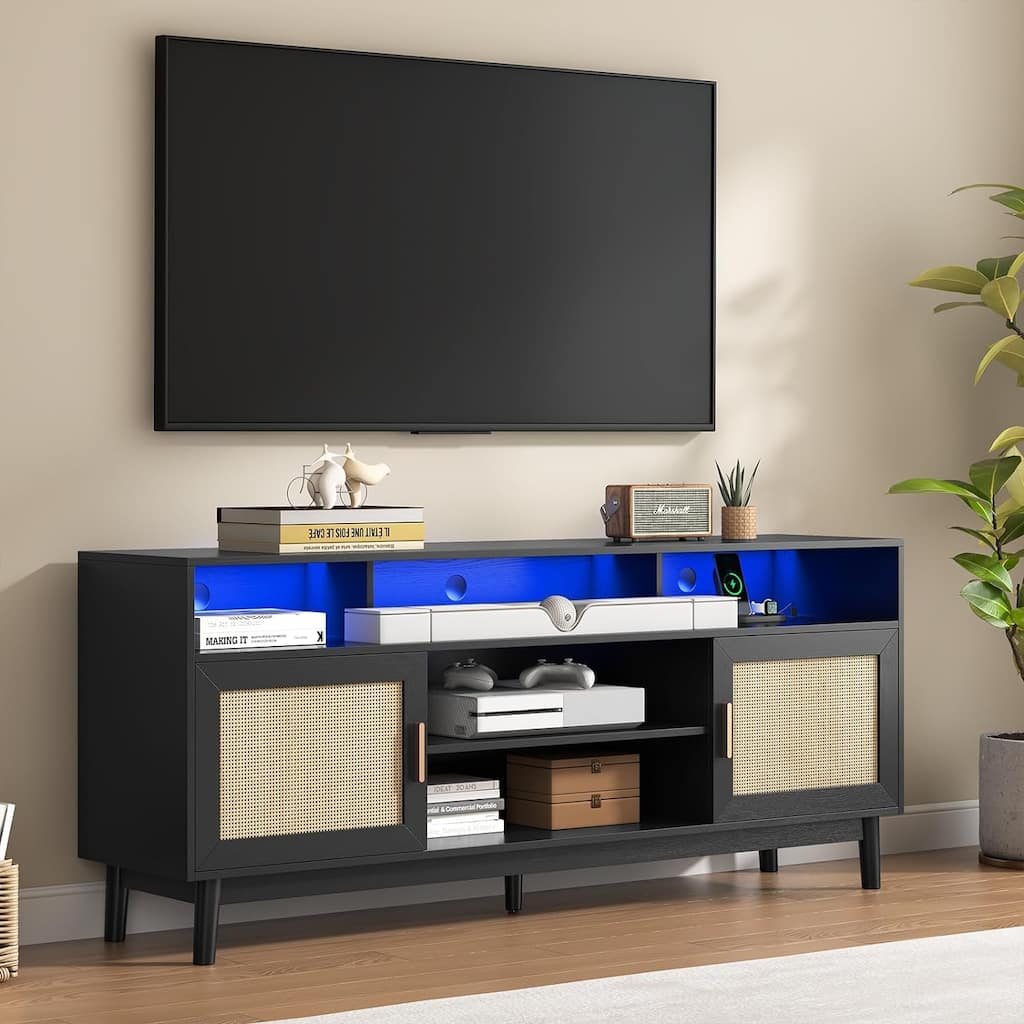 TV Stand 75 Inch Adjustable Shelf Storage LED Entertainment Center