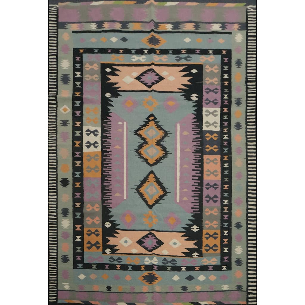 Hand Woven Oriental 100% Wool Carpet Southwestern Tribal Navy Blue & Blues Kilim Area Rug - 10' 2'' X 8' 4''