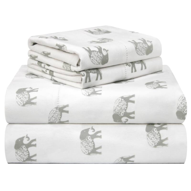 Pointehaven Printed Cotton Flannel Hemstitch Deep Pocket Bed Sheet Set - Queen - Elephants