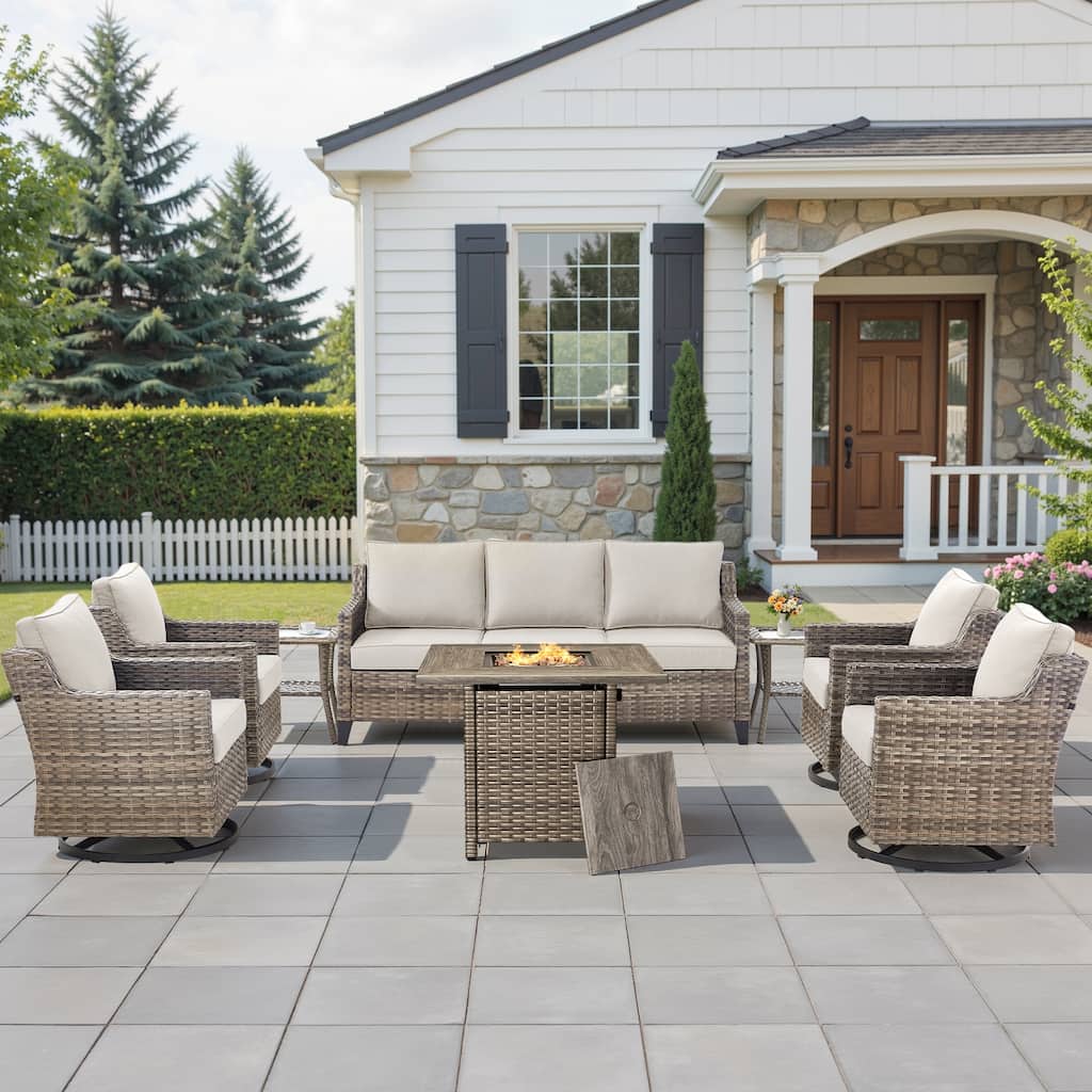 Pocassy Outdoor Swivel Chair with Sofa with Fire Pit Table