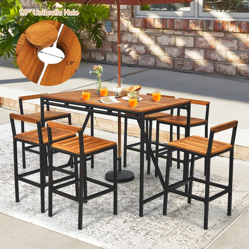 Costway 7PCS Patio Rattan Bar Set Acacia Wood Frame Stools Table