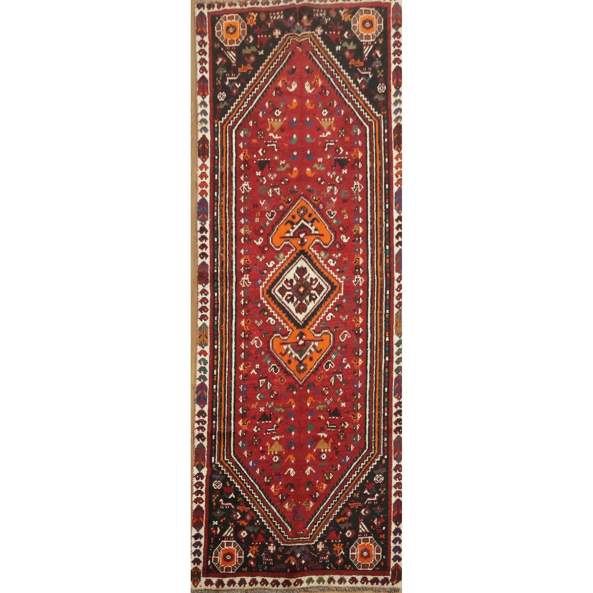 Hand Knotted Oriental 100% Wool Carpet Traditional Tribal Red Qashqai Runner Rug - 9' 7'' X 3' 5''