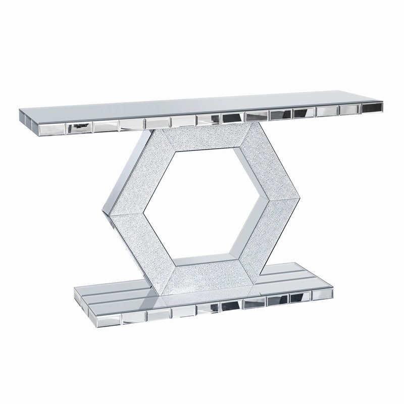 Modern 55" Crystal Hexagon Mirror Console Table Entryway Foyer Decor with Diamond Glass Effects