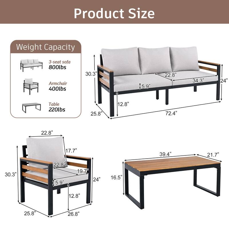 4-Piece Outdoor Iron Cnversation Sofa Set with Solid Wood Coffee Table and Removable Cushion