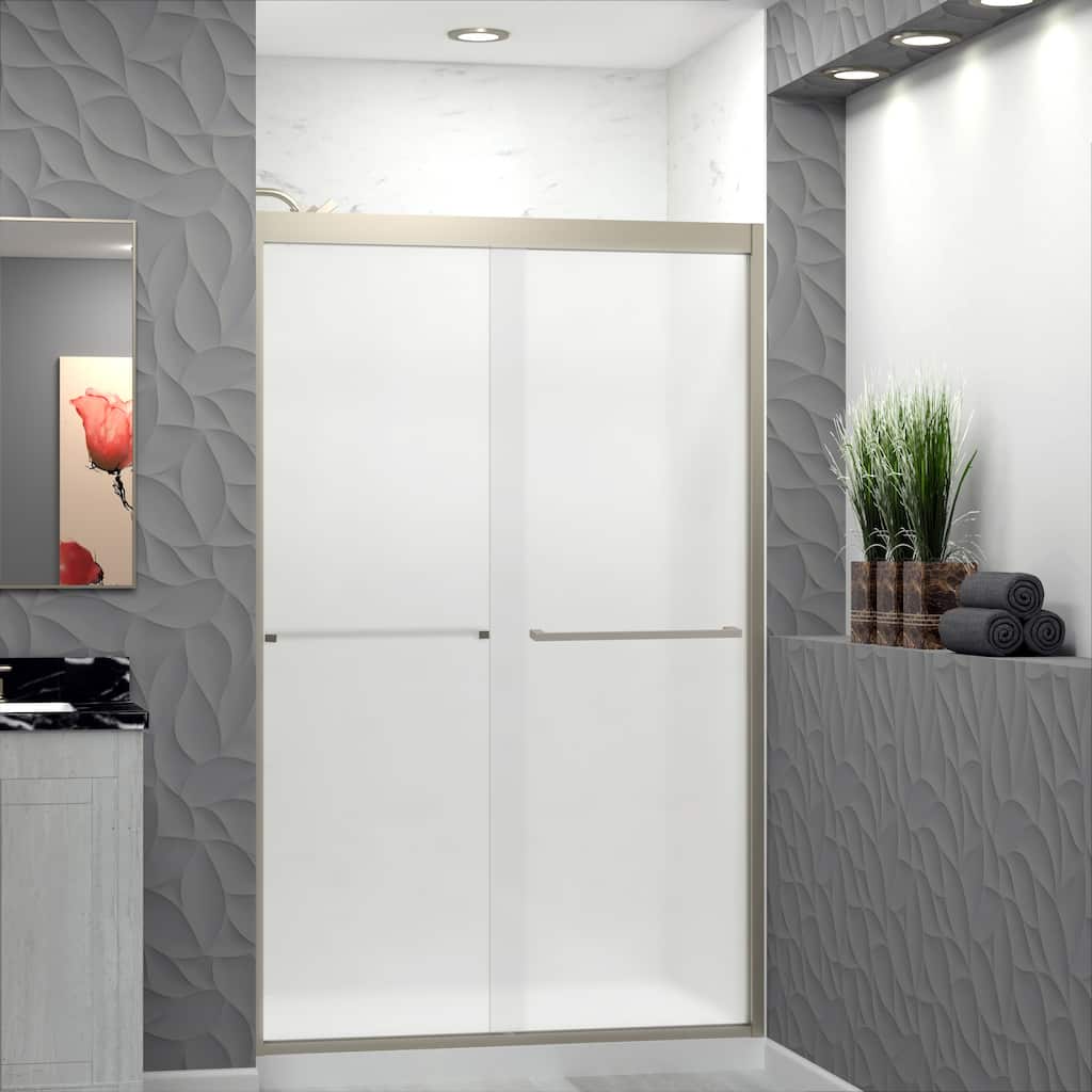 Frederick 47 in. W x 76 in. H Sliding Semi-Frameless Shower Door in Brushed Nickel with Frosted Glass - 48 x 76 - 48 x 76