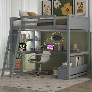 Full Size Loft Bed with Built-in L-Shaped Desk, LED Shelf Lighting, USB Charging Ports & Storage Bench, Drawers and Shelves