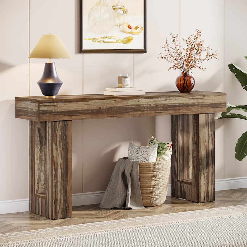 Farmhouse Console Table, 63-Inch Long Narrow Sofa Table Behind The Couch - Grey Brown