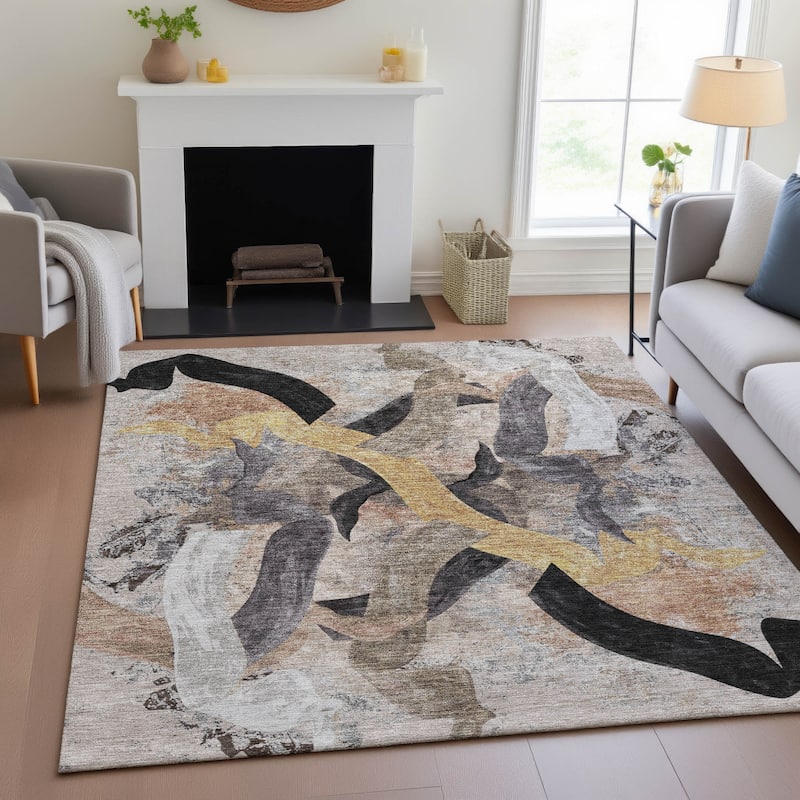 Machine Washable Indoor/Outdoor Contemporary Brushstrokes Chantille Rug
