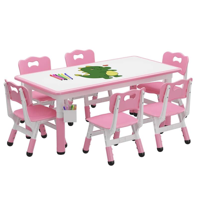 Height Adjustable Kids Table and 6 Chairs Set with Storage Box - Pink