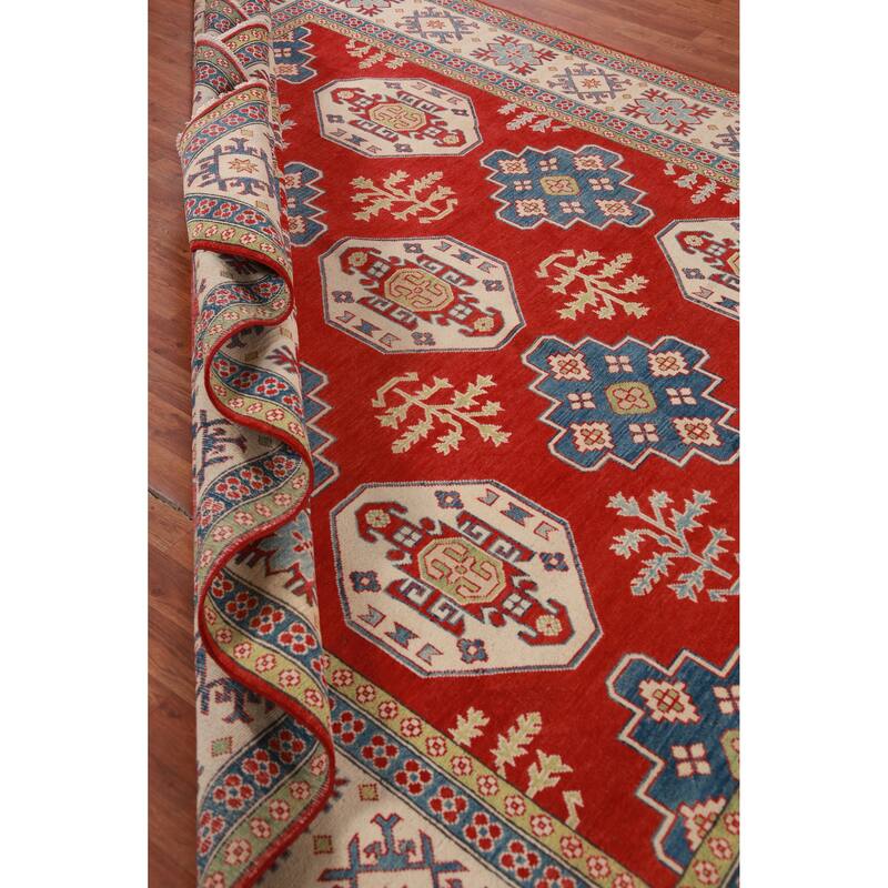 Hand Knotted Oriental 100% Wool Carpet Traditional Geometric Red Kazak Area Rug - 9' 8'' X 7' 11''