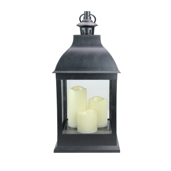 20" Large Black Candle Lantern with 3 Flameless LED Candles - N/A