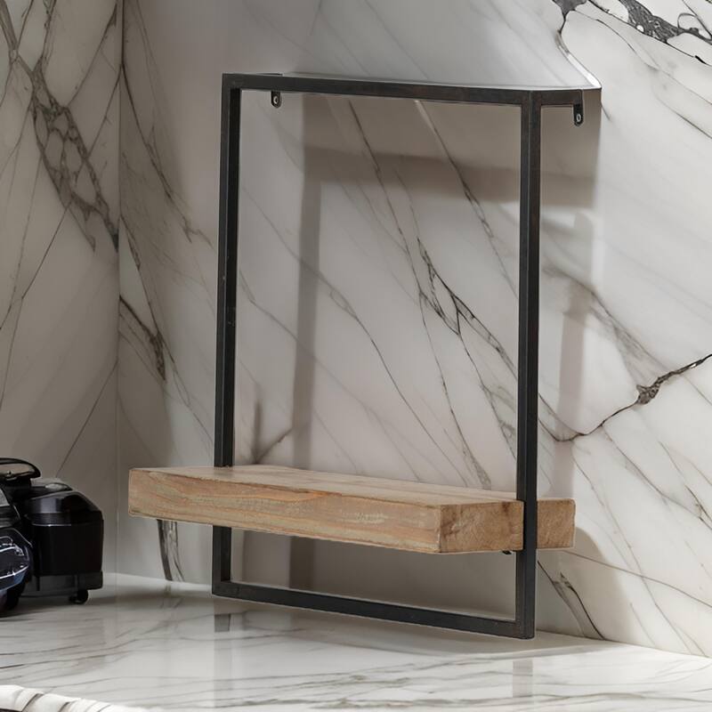 Yin 18 Inch Wall Shelf, Rectangular Industrial Frame, Black Iron Brown Wood
