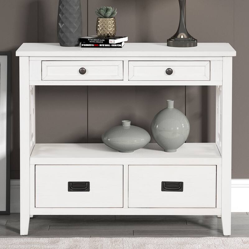 36'' Pine Entryway Table Console Table with 4 Drawers & Open Shelf, Farmhouse Side Table Sofa Table for Entryway Living Room - Antique White