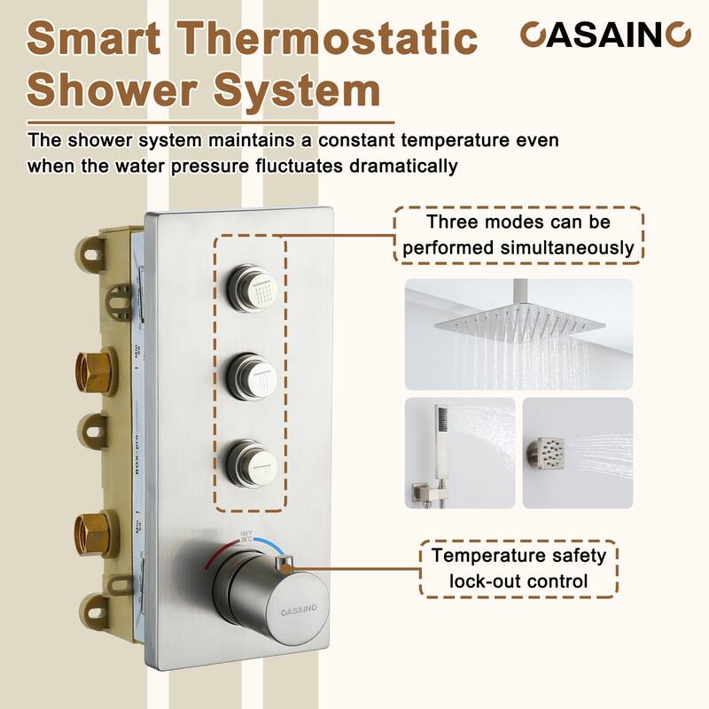 Luxury Thermostatic Shower System 1-Spray Patterns Ceiling Mount Fixed Shower Head and Handheld Spray with 6 Body Jets