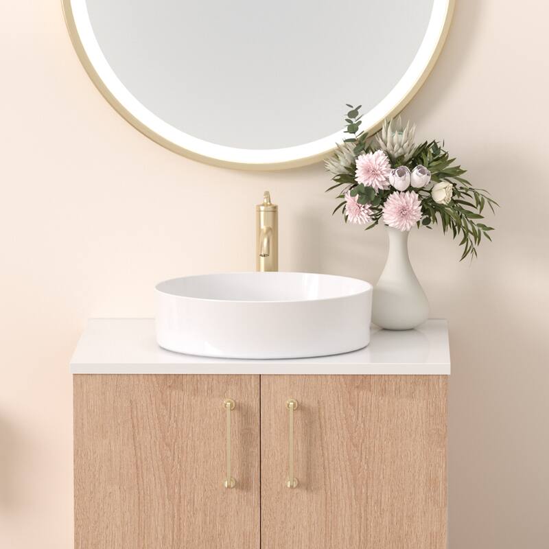 13.98" Modern Round Ceramic Vessel Sink – Countertop Bathroom Basin
