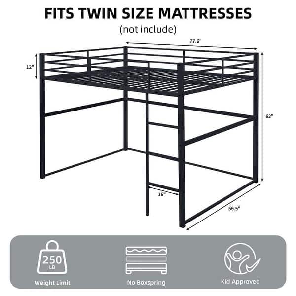 dimension image slide 0 of 2, Metal Loft Bed Full Size, Loft Bed Frame with Safety Guard Rails & Flat Ladder, Twin Loft Bed for Kids Teens Adults