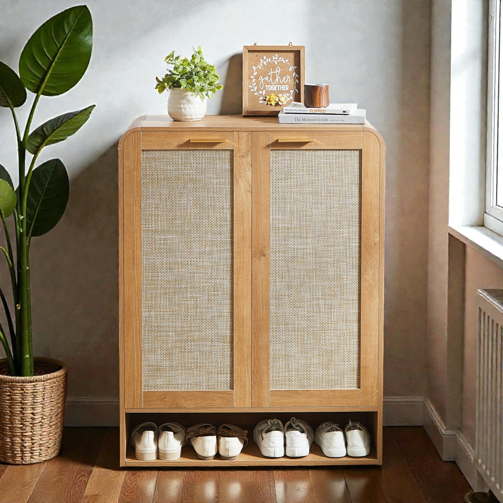 Rattan Shoe Cabinet with Doors, 6-Tier Wooden Shoe Storage Organizer with Adjustable Shelves for Entryway and Hallway