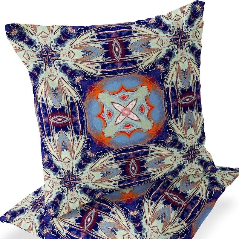 HomeRoots Set of Two 16" X 16" Blue and Orange Blown Seam Floral Indoor Outdoor Throw Pillow - 16.00' X '16.00' X '5.00