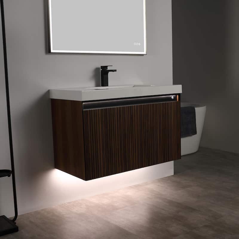 Blossom Lille Brown Walnut Floating Vanity with LED & Acrylic Sink