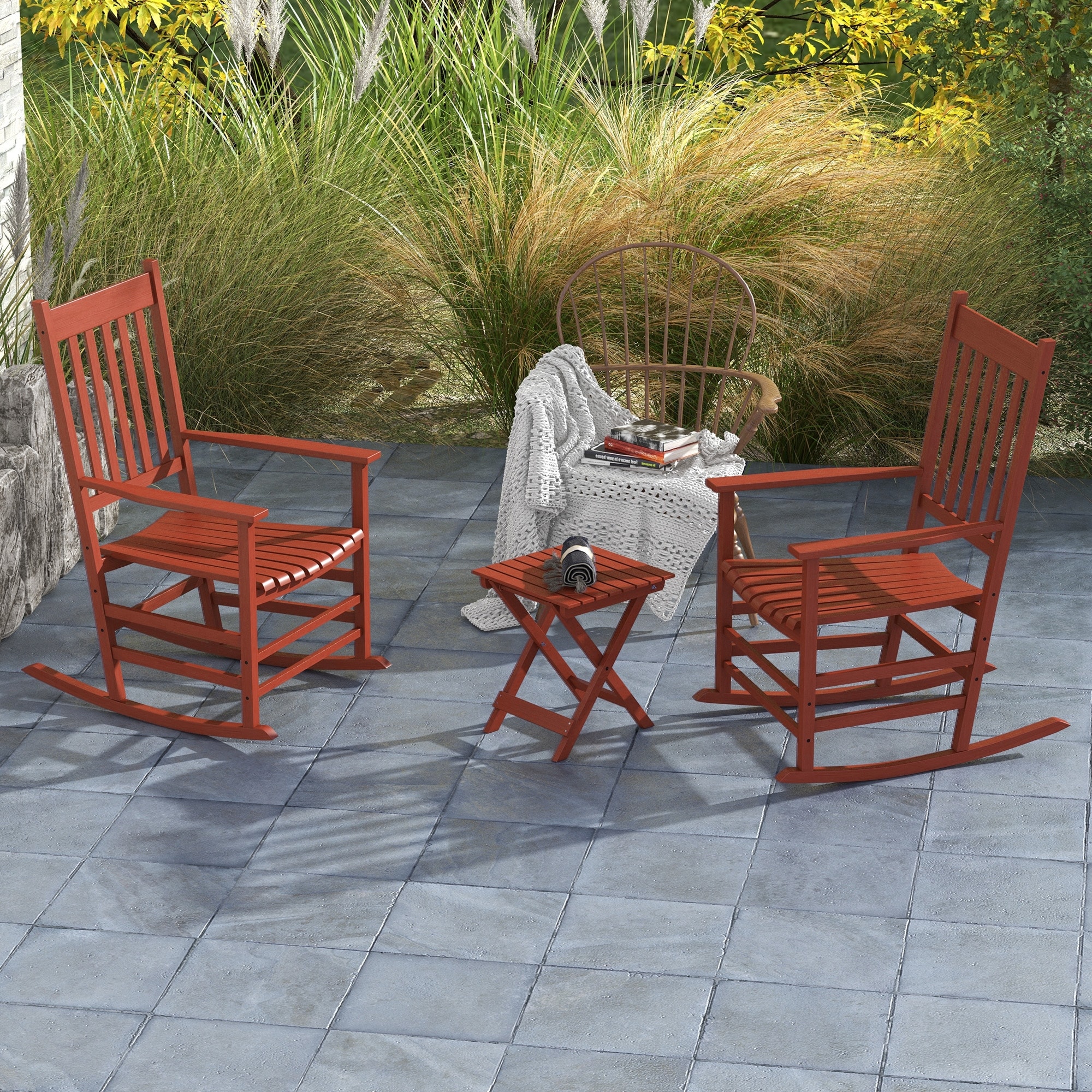 Outsunny Wooden Rocking Chair Set w/ Foldable Side Table, Outdoor Rocker Chairs