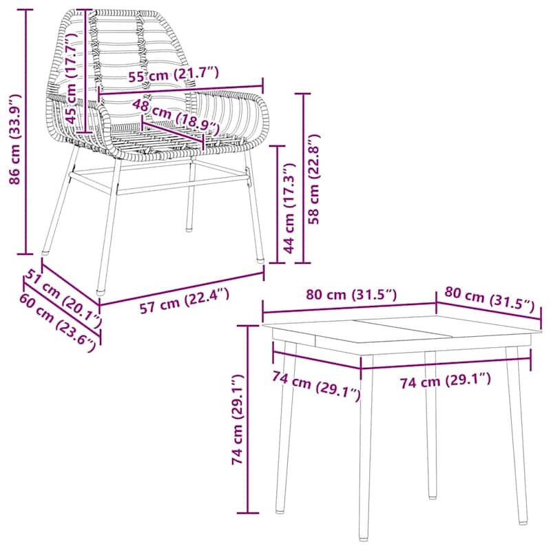 vidaXL Garden Dining Set Brown and Black - 31.5 x 31.5 x 29.1