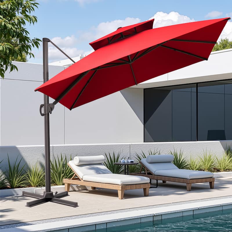 10.5ft Outdoor Patio Double Top Cantilever Offset Umbrella - Red