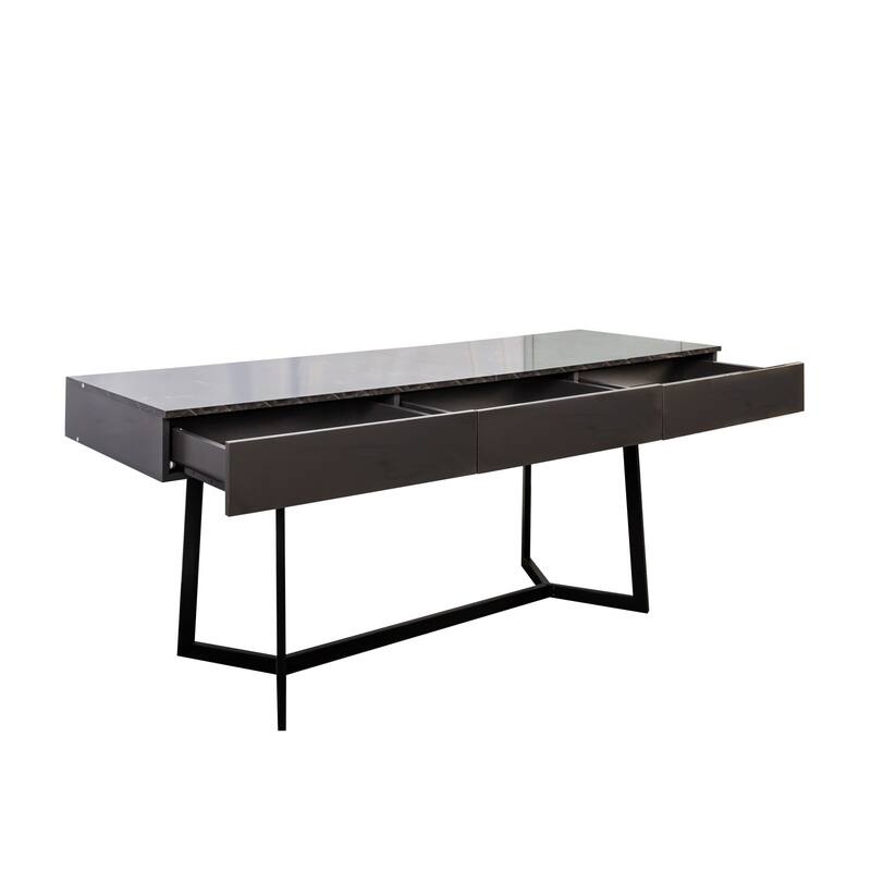 Roomfitters Modern Black Computer Desk with Drawers, 70.87" Writing Table with Y-Shaped Metal Legs