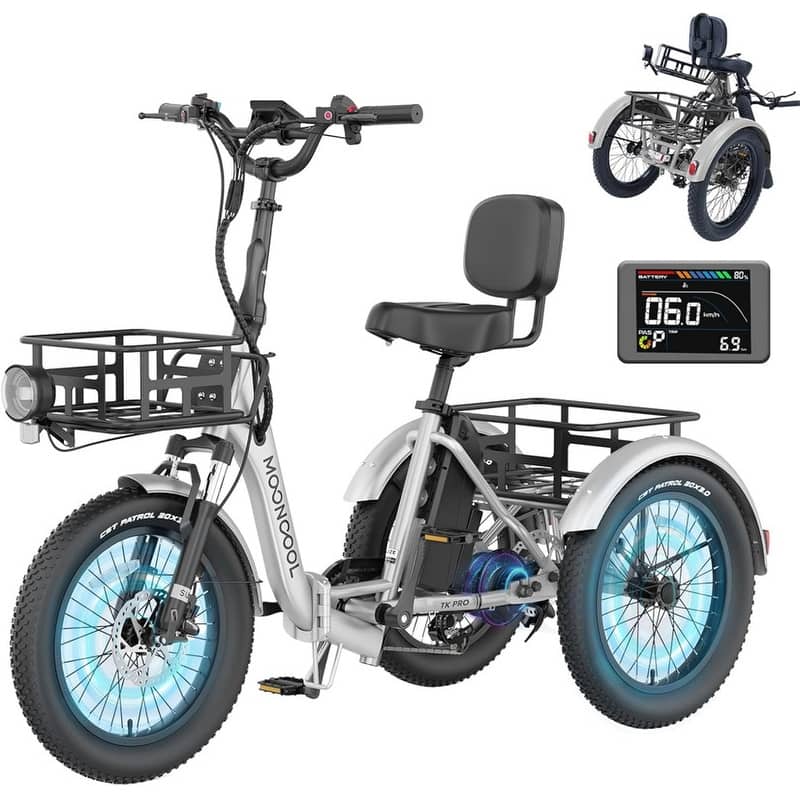 Folding Electric Tricycle for Adults, w/ Basket and Removable Battery - Chrome