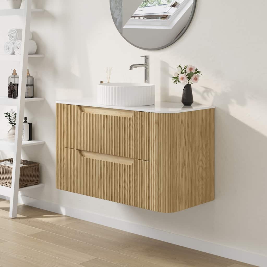 36" Floating Bathroom Vanities with Single Sink,Natural Wood Texture