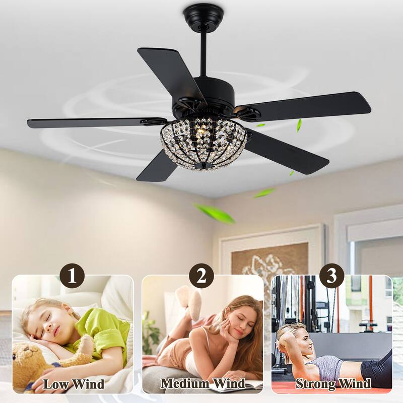 52" Modern Indoor Reversible Crystal Drum Ceiling Fan with Remote Control and Light Kit Chrome