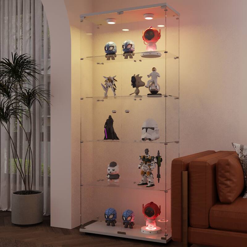 Tempered glass display cabinet with paipai lights,with locks, with adjustable feet,suitable for uneven,living room - White