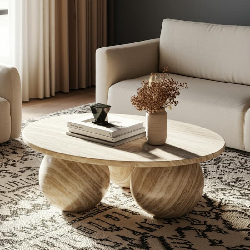 Marble Coffee Table Modern Round Sculptural Sphere Feet - 15" Brown - 40.0"