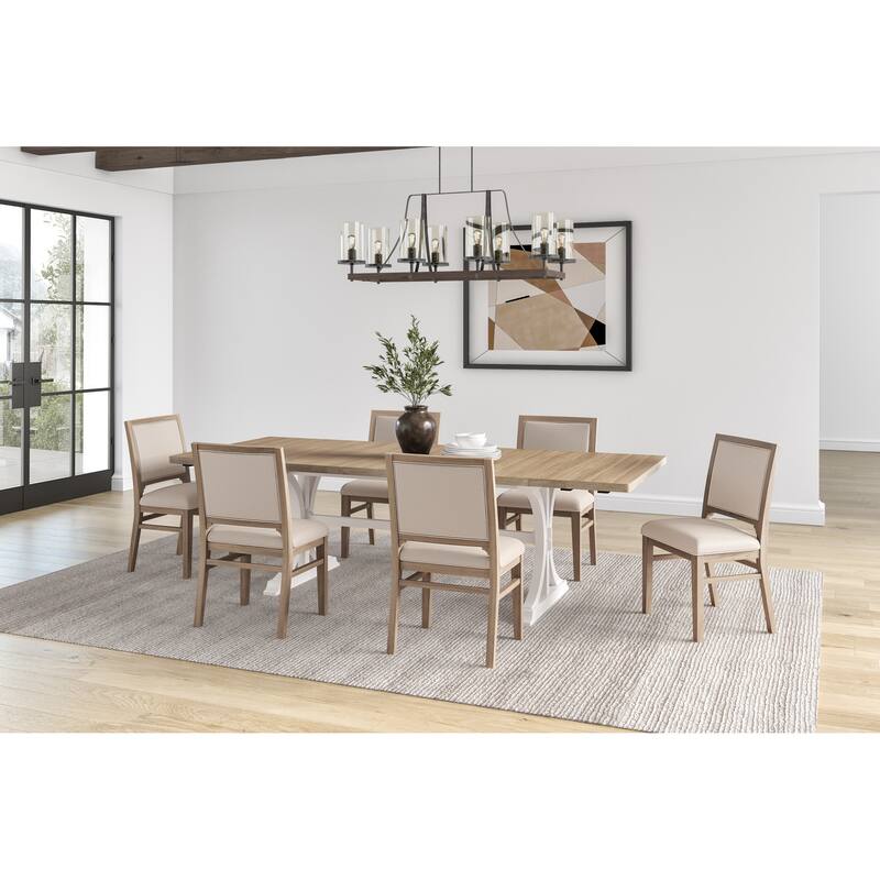 Modern Wood Rectangular Trestle Base Kitchen Dining Table and Six Chairs, Brown - Large - Brown
