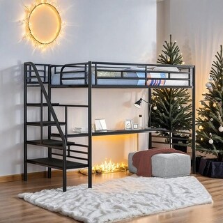 Metal Twin Loft Bed Frame with Desk, No Box Spring Needed, Black