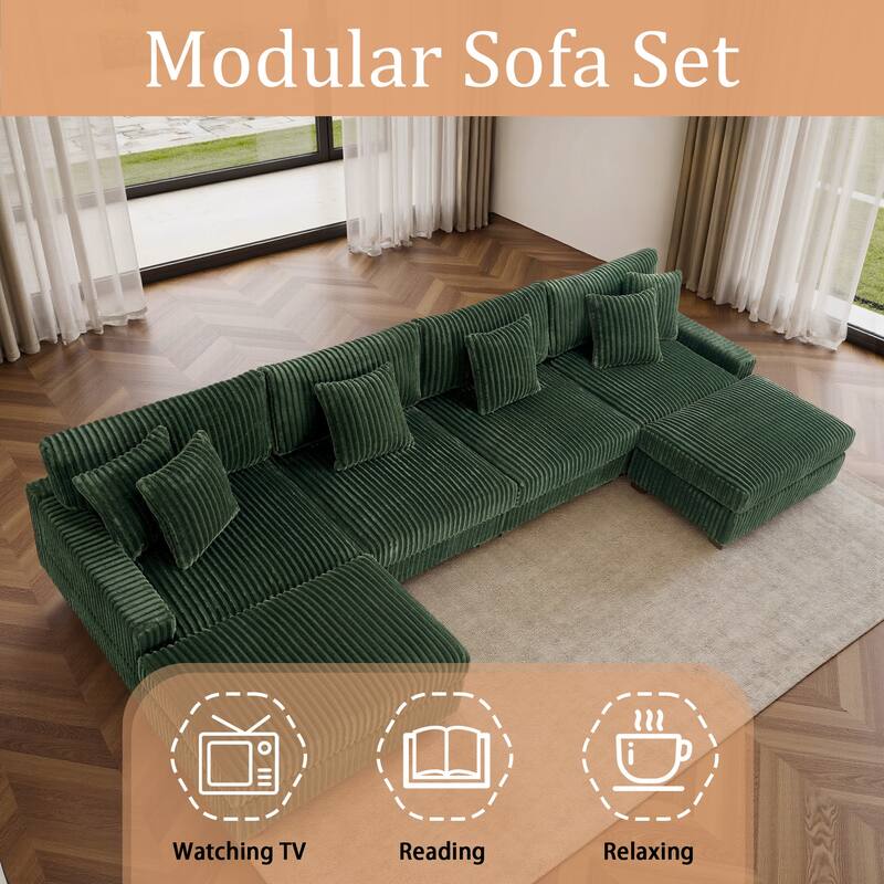 Modular Cotton Flannel Plush Sectional Sofa with Ottomans