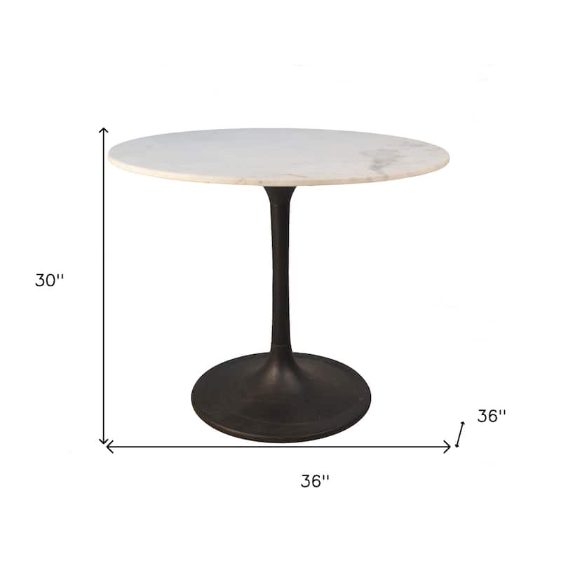 HomeRoots 36" White And Black Rounded Marble And Iron Pedestal Base Dining Table - 36.00 in. x 30.00 in. x 36.00 in.