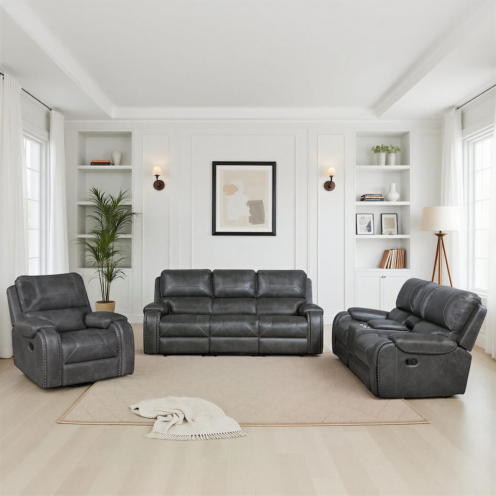Ashton Faux Leather 3-Piece Manual Reclining Living Room Sofa Set