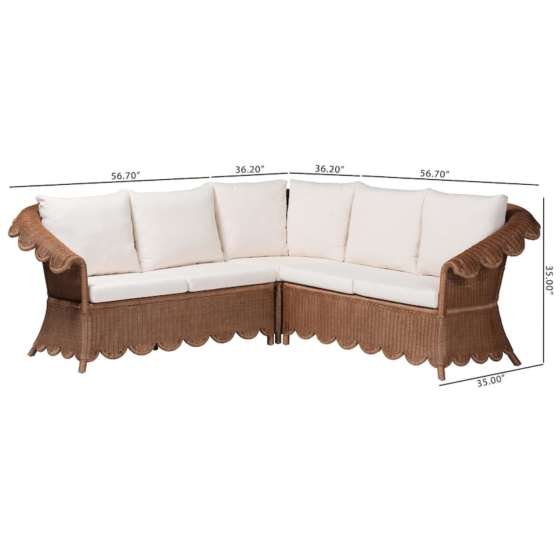 Detta Natural Rattan Sectional Set - Handwoven Wicker Corner Lounge Seating with Scalloped Skirt Base and Rolled Arms