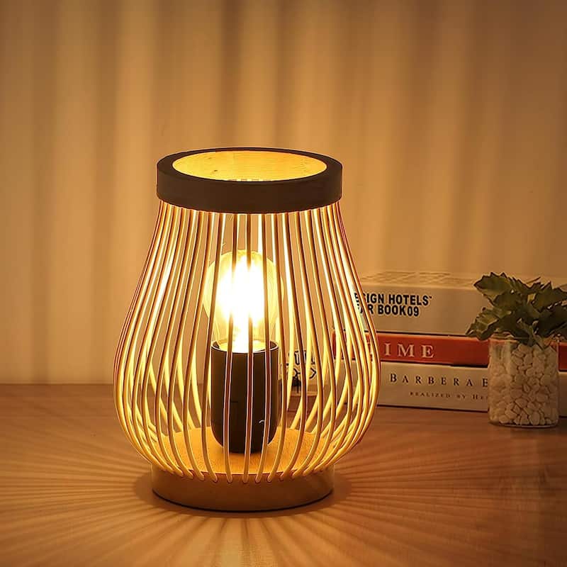 Farmhouse Natural Bamboo Rattan Table Lamp, Boho Handmade Woven Round Lampshade Nightlight, Industrial Desk Light for Bedroom