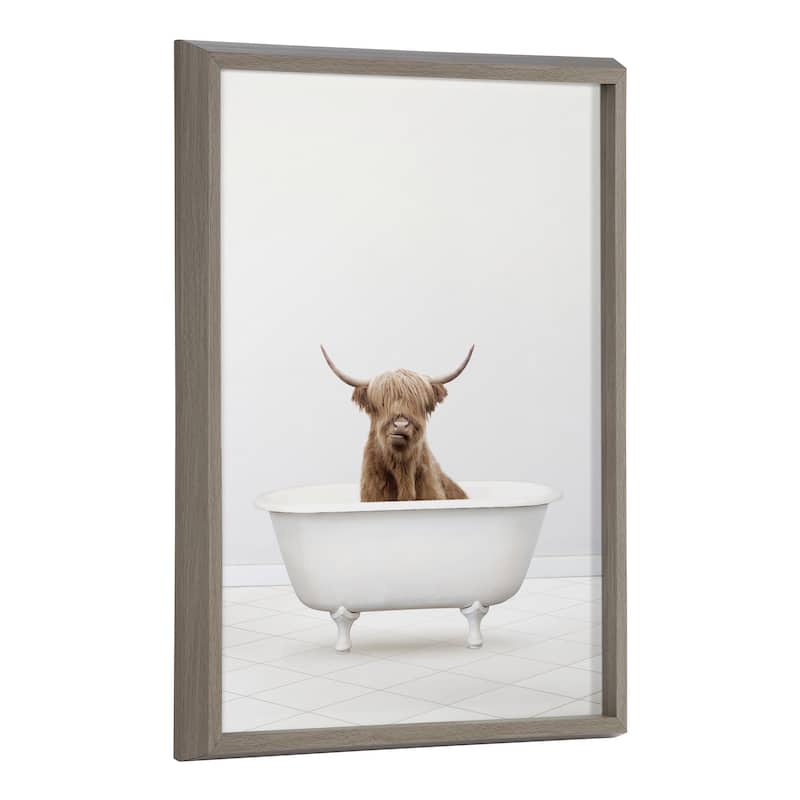 Kate and Laurel Blake Highland Cow Solo Bathtub Framed Printed Glass by Amy Peterson - 18x24 - Plastic - Grey