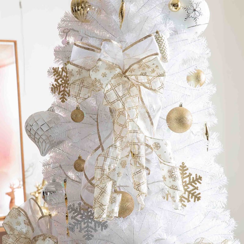 Glitzhome 191-Piece Glitter Ribbon Bow Gold Silver Ball Shatterproof Ornaments Xmas Tree Decor