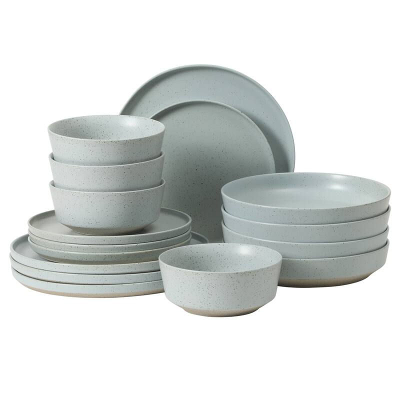 Gibson Elite Overbrook 16-Piece Pottery Clay Stoneware Stackable Dinnerware Set - Plates & Bowls, Reactive Glaze, Service for 4 - Light Blue