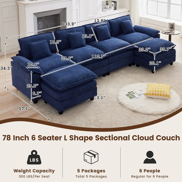 dimension image slide 9 of 17, Modular Cloud Chenille Sectional Sofa with Ottomans, Deep Seat Convertible L-Shaped or U-Shaped Couch