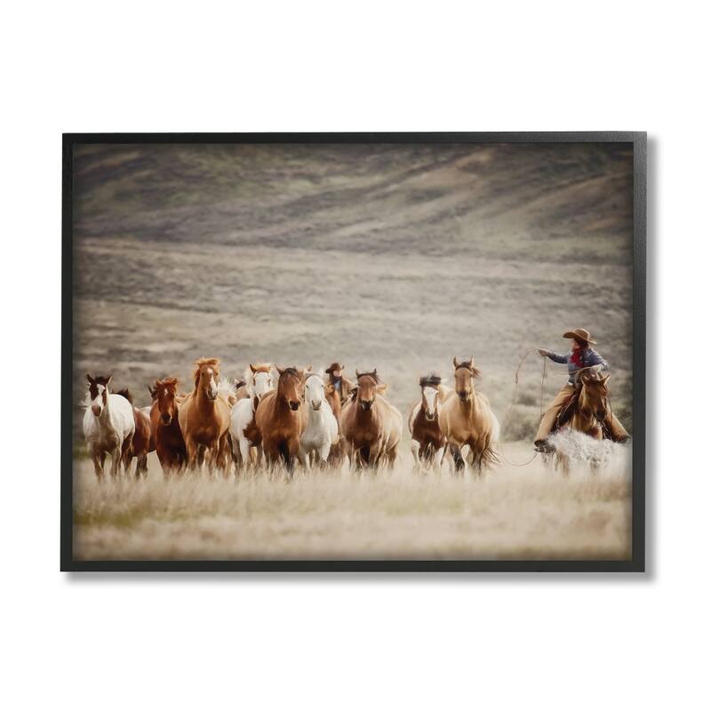 Stupell Cowboy Herding Horses Framed Giclee Art Design by PBurchettePhoto - 20 x 16 - Black