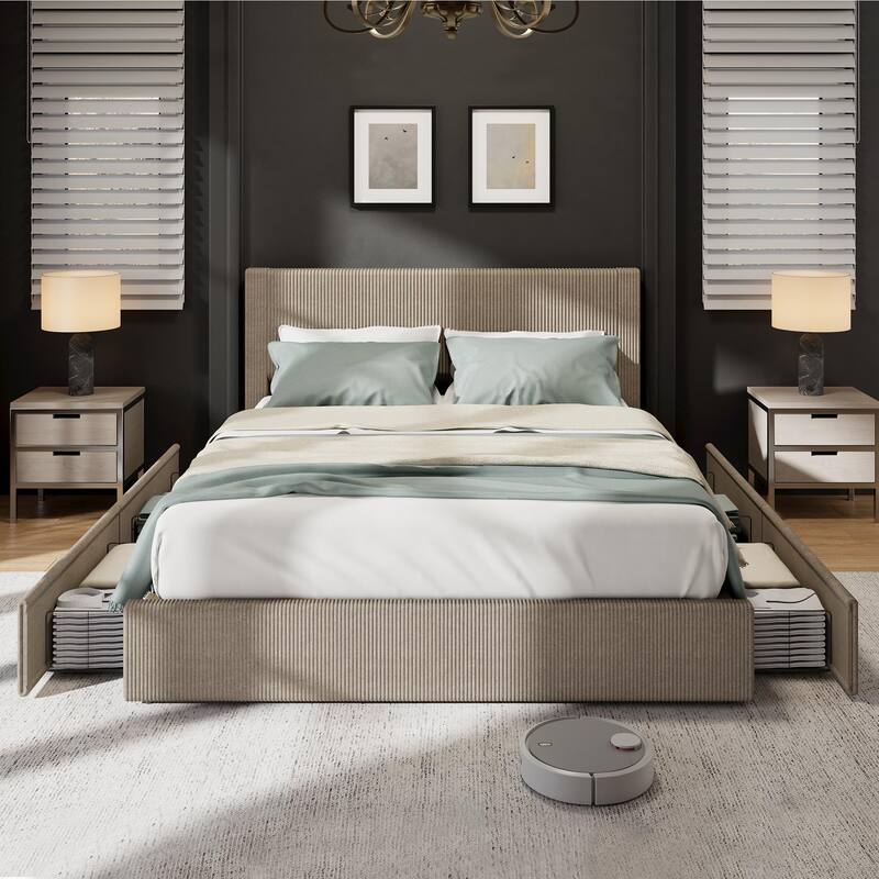 Full/Queen/King Size Bed Frame with Tufted Wingback Headboard, Platform Corduroy Upholstered Bed Frame with 4 Drawers