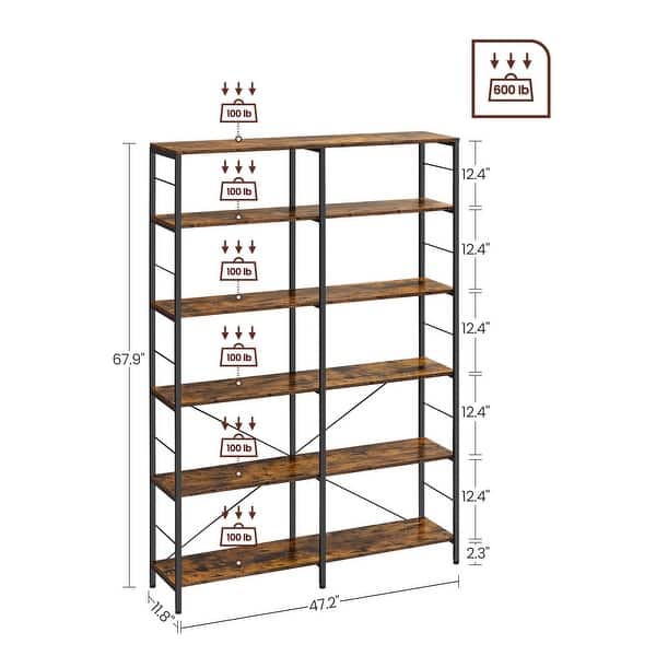 6-Tier Bookshelf, 11.8 x 47.2 x 67.9 Inches, Tall Bookcase, Large Metal ...