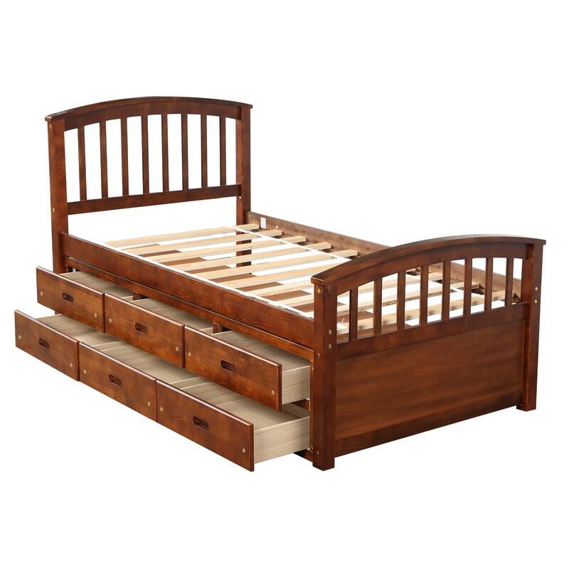 High-Quality Twin Platform Storage Bed with 6 Drawers, Pinewood Construction, Kids and Adults Use